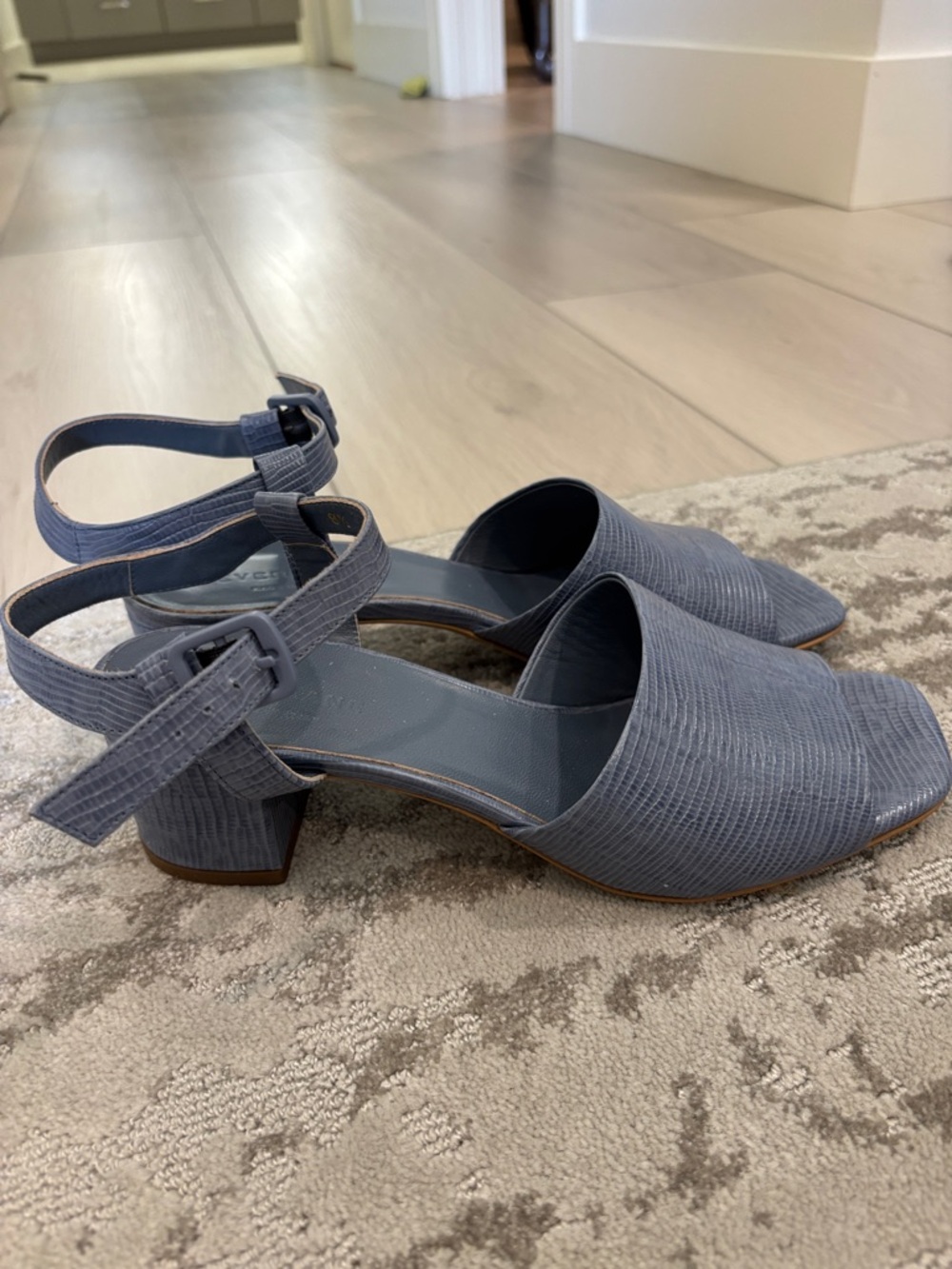 Everlane Slate Blue Lizard-Embossed Block Heel Sandals with Ankle Strap - Picture 2 of 9